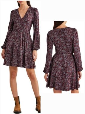 BODEN Dress Womens 12 Maroon Blue Tiered Jersey Spiced Apple Cottagecore Boho